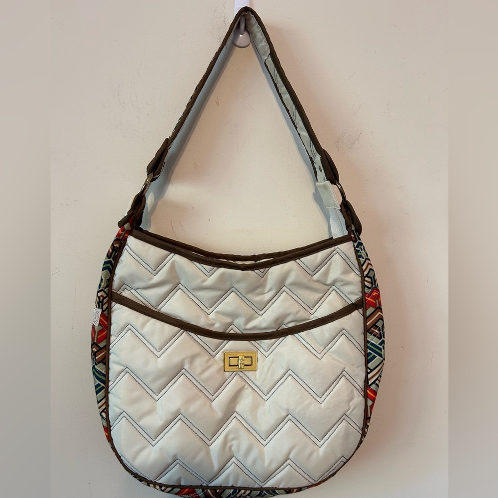 Cinda B Quilted Shoulder Bag Tote‎ Jet Set Cream Geometric Print Pattern